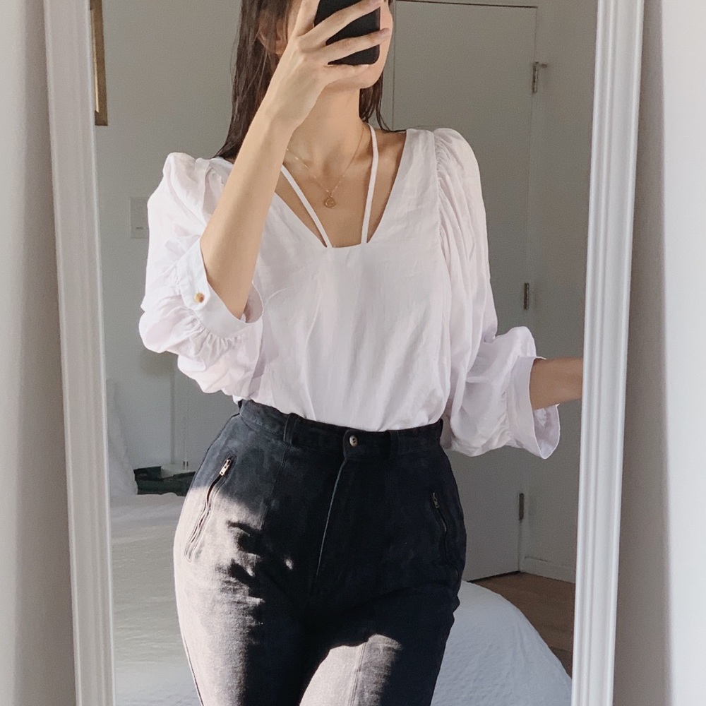 Anthropologie white puff-sleeve blouse